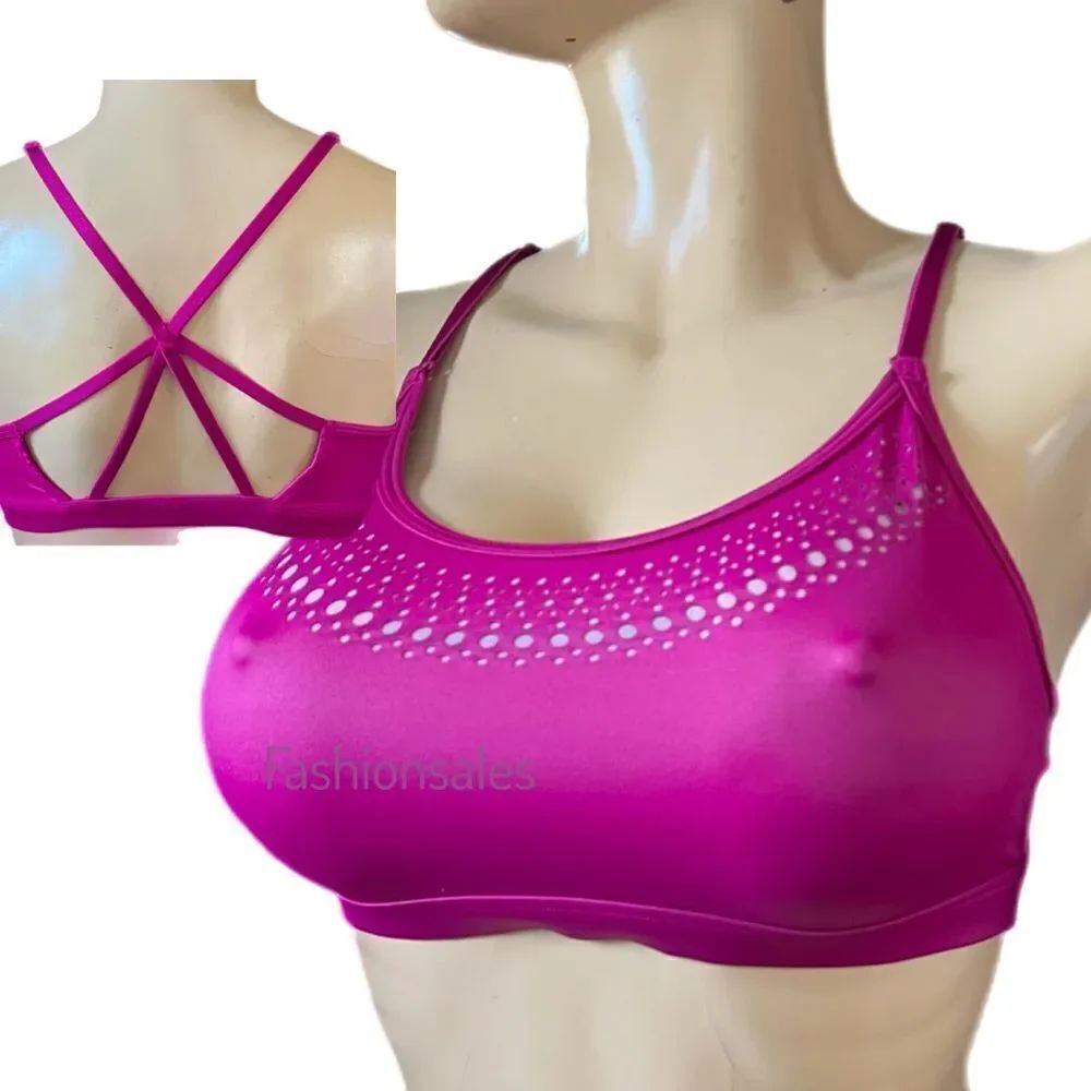 Victorias Secret Wet Look Sexy Strappy Unlined Laser cut Sport Bra magenta Large